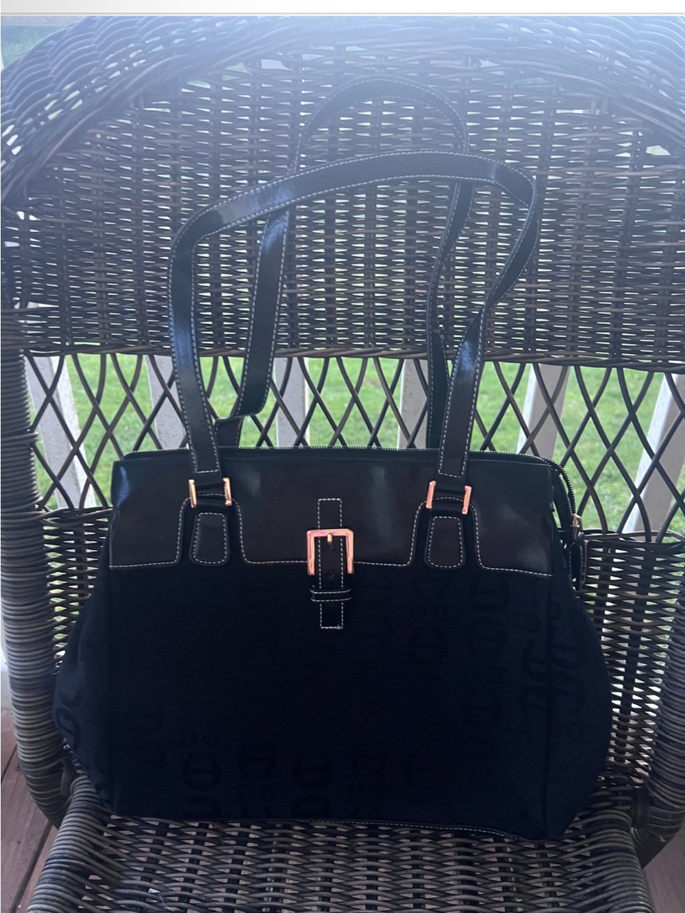 Etienne Aigner Black Tote with Rose Gold Buckle Accents
